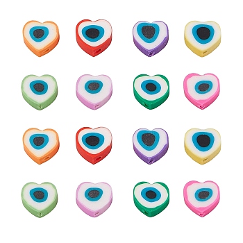 240Pcs 8 Colors Handmade Polymer Clay Beads, Heart with Evil Eye, Mixed Color, 8.5x9.5x4.5mm, Hole: 1.4mm, 30pcs/color