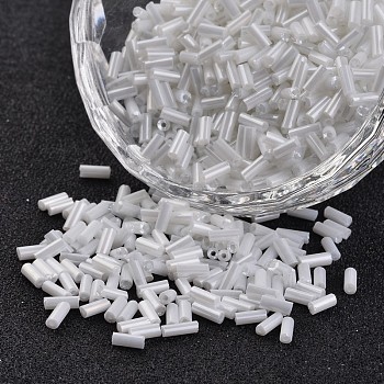 Transparent Colours Pearl Luster Plated Round Hole Glass Bugle Beads, White, 2~5x1.8~2mm, Hole: 0.8mm, about 12000pcs/450g