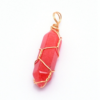 Natural Red Jasper Pendants, with Golden Steel Wire, Hexagon Prism, 43x11x11mm, Hole: 5mm