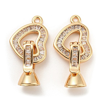 Brass Pave Clear Cubic Zirconia Fold Over Clasps, Heart, Real 18K Gold Plated, Heart: 17x12.5x2mm, Hole: 1.6mm, Clasp: 15x7x7mm