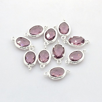 Nickel Free Silver Color Plated Brass Glass Links connectors, Oval, Plum, 18x10x3mm, Hole: 1mm