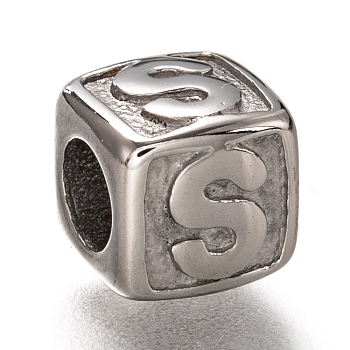 304 Stainless Steel European Beads, Large Hole Beads, Horizontal Hole, Cube with Letter, Stainless Steel Color, Letter.S, 8x8x8mm, Hole: 4.5mm