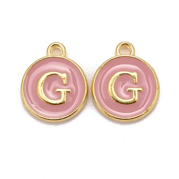 Golden Plated Alloy Enamel Charms, Cadmium Free & Lead Free, Enamelled Sequins, Flat Round with Letter, Pink, Letter.G, 14x12x2mm, Hole: 1.5mm