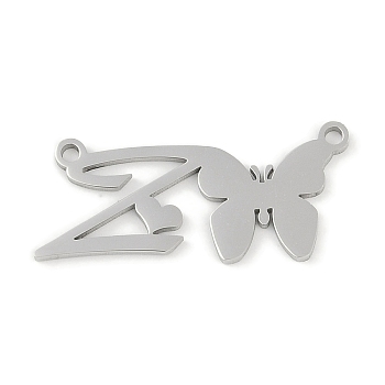 Non-Tarnish 304 Stainless Steel Pendants, Letter & Butterfly Charms, Letter Z, 10.5x24.5x0.9mm, Hole: 1.2mm