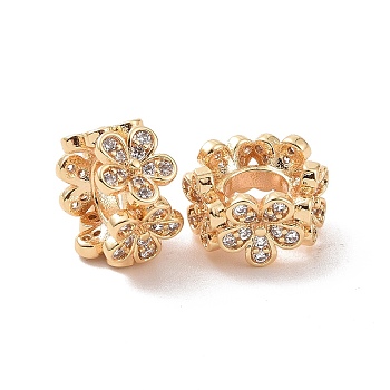 Brass Micro Pave Cubic Zirconia European Beads, Large Hole Beads, Flower, Real 18K Gold Plated, 11x7mm, Hole: 5mm