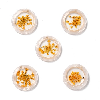 Opaque Acrylic Pendants, with Flower, Flat Round, White, 20x2.5mm, Hole: 0.9mm