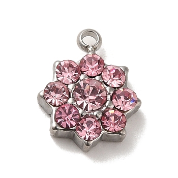 304 Stainless Steel with Rose Glass Rhinestone Charms, Flower Charms, Stainless Steel Color, 12x10x3.5mm, Hole: 1.4mm