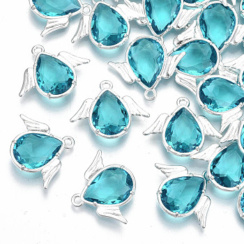 Faceted Glass Pendants, with Eco-Friendly Alloy Findings, Cadmium Free & Nickel Free & Lead Free, Angel, Silver, Deep Sky Blue, 18x22x4.5mm, Hole: 1.6mm