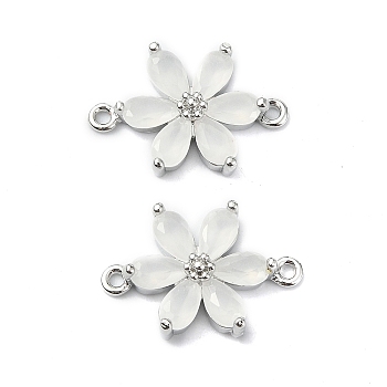 Brass Pave Cubic Zirconia Connector Charms, Flower Links, Real Platinum Plated, Clear, 17x11.5x3.5mm, Hole: 1mm