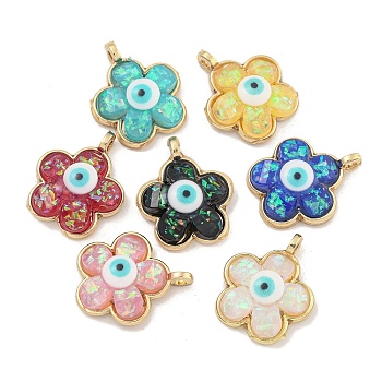 Translucent Evil Eye Resin Pendants, Rack Plating Brass Flower Charms with Gold Foil, Real 18K Gold Plated, Long-Lasting Plated, Cadmium Free & Lead Free, Mixed Color, 17x14x5.5mm, Hole: 1.5mm