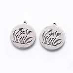 Non-Tarnish 201 Stainless Steel Pendants, Manual Polishing, Flat Round with Grass, Stainless Steel Color, 18x16x1.5mm, Hole: 1.2mm(STAS-F231-041P)