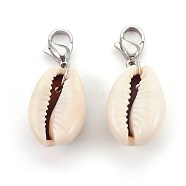 Cowrie Shell Pendant Decorations, with 304 Stainless Steel Lobster Claw Clasps, Stainless Steel Color, 32~35mm, Pendant: 19~21x13~14x8~10mm(HJEW-JM00340)