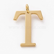 Golden Brass Pendants, Long-Lasting Plated, Letter, Letter.T, 27x15x1.5mm, Hole: 3.5mm(KK-P194-01G-T)