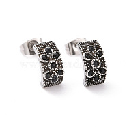 Jet Rhinestone Arch with Flower Stud Earrings, 304 Stainless Steel Jewelry for Women, Antique Silver, 12x6mm, Pin: 0.7mm(STAS-D186-01AS)
