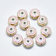 Alloy Enamel Beads, Flat Round with Eye, Light Gold, Pink, 10x5mm, Hole: 1.2mm(ENAM-S117-07A)