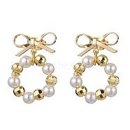 Ring & Bowknot Brass Dangle Stud Earrings, Shell Pearl Beaded Drop Earrings, Golden, 23x16mm(EJEW-TA00349)