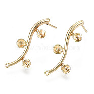 Brass Stud Earring Findings, for Half Drilled Bead, Nickel Free, Branch and Leaves, Real 18K Gold Plated, 25x10mm, Hole: 0.8mm, Pin: 0.7mm, Pin: 0.6mm(for half drilled beads)(KK-T062-66G-B-NF)