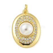 Rack Plating Brass Micro Pave Cubic Zirconia Pendants, with ABS Imitation Pearl, with Jump Ring, Long-Lasting Plated, Lead Free & Cadmium Free, Oval, Real 18K Gold Plated, 21.5x15x6mm, Hole: 3.5mm(KK-Z067-20G)