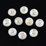 Natural Freshwater Shell Beads, with Golden Plated Brass Etched Metal Embellishments, Flat Round with Letter, Seashell Color, Letter.B, 6x4mm, Hole: 0.8mm(SHEL-S278-036B)