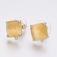 Faceted Glass Stud Earring Findings, with Loop, Light Gold Plated Brass Findings, Square, Gold, 11x10x5mm, Hole: 1mm, Pin: 0.8mm(GLAA-F084-C04)