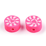 Handmade Polymer Clay Beads, Flat Round with Heart & Sun, Hot Pink, 9~10x5mm, Hole: 1.6mm(CLAY-T019-15C)