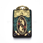 Handmade Indonesia Big Pendants, Wood Settings, with Brass Findings and Alloy Loop, Rectangle with Cyprinoid, Dark Turquoise, 58x33x8mm, Hole: 8x4mm(X-IPDL-S053-212)
