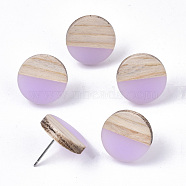 Transparent Resin & Wood Stud Earrings, with 304 Stainless Steel Pin, Flat Round, Plum, 15mm, Pin: 0.7mm(EJEW-N017-003A-D03)