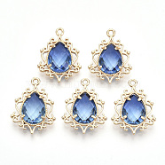 Brass Pendants, with Faceted Glass, Teardrop, Golden, Royal Blue, 25.5x19x6mm, Hole: 1.6mm(GLAA-R212-03B)