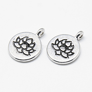 Tibetan Style Alloy Pendants, Flat Round with Lotus, Cadmium Free & Lead Free, Antique Silver, 20x15x4.5mm, Hole: 1.5mm(X-TIBE-S301-015AS-RS)