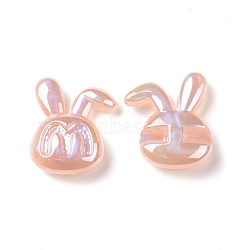 Opaque Acrylic Beads, AB Color Plated, Rabbit with Letter M Pattern, Light Salmon, 41x33x11.5mm, Hole: 3.2mm(OACR-A010-09B)