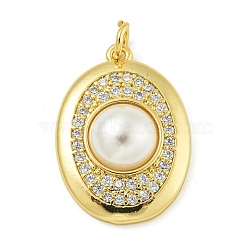 Rack Plating Brass Micro Pave Cubic Zirconia Pendants, with ABS Imitation Pearl, with Jump Ring, Long-Lasting Plated, Lead Free & Cadmium Free, Oval, Real 18K Gold Plated, 21.5x15x6mm, Hole: 3.5mm(KK-Z067-20G)