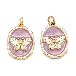 Brass Micro Pave Clear Cubic Zirconia Pendants, with Enamel and Jump Rings, Polygon with Butterfly, Real 18K Gold Plated, 18x12x2.5mm, Hole: 3.5mm(ZIRC-A020-02G)