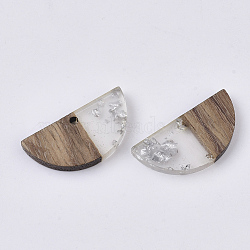 Transparent Resin & Walnut Wood Pendants, with Silver Foil, Waxed, Half Round, Silver, 14x28x3~4mm, Hole: 2mm(RESI-S358-54-A02)