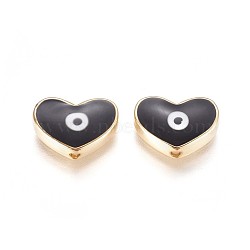 Golden Tone Brass Beads, with Enamel, Heart with Evil Eye, Black, 11x15x4.5mm, Hole: 1.6mm(ENAM-L025-B-04)
