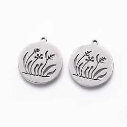 Non-Tarnish 201 Stainless Steel Pendants, Manual Polishing, Flat Round with Grass, Stainless Steel Color, 18x16x1.5mm, Hole: 1.2mm(STAS-F231-041P)