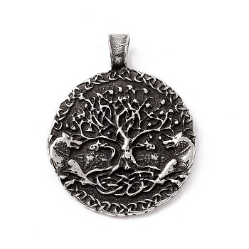Tibetan Style 304 Stainless Steel Pendants, Flat Round with Tree, Antique Silver, 41x32.5x3.5mm, Hole: 5.5x4.5mm