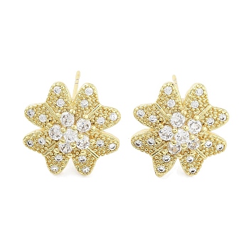 Brass Micro Pave Clear Cubic Zirconia Stud Earrings for Women, Flower, Real 18K Gold Plated, 14.5x14.5mm