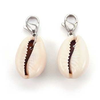 Cowrie Shell Pendant Decorations, with 304 Stainless Steel Lobster Claw Clasps, Stainless Steel Color, 32~35mm, Pendant: 19~21x13~14x8~10mm