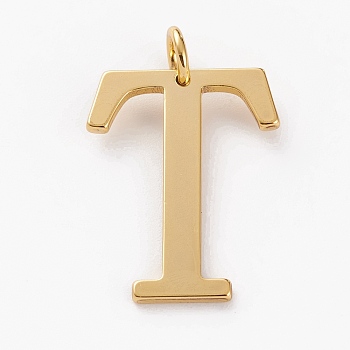Golden Brass Pendants, Long-Lasting Plated, Letter, Letter.T, 27x15x1.5mm, Hole: 3.5mm