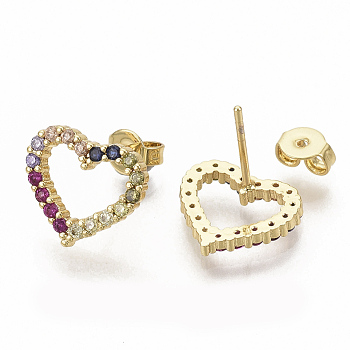 Brass Micro Pave Colorful Cubic Zirconia Stud Earrings, for Valentine's Day, with Earring Backs, Heart, Real 16K Gold Plated, 11x13mm, Pin: 0.7mm