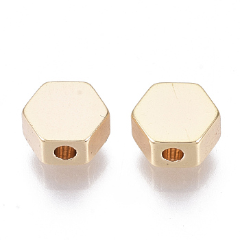Brass Beads, Nickel Free, Hexagon, Real 18K Gold Plated, 5x5.5x3mm, Hole: 1.6mm