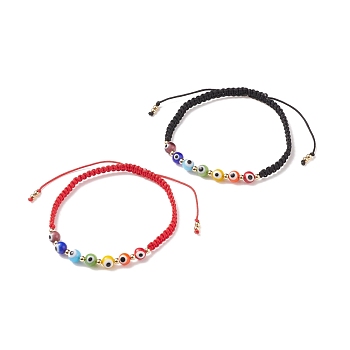 2Pcs 2 Colors Lampwork Round Evil Eye Braided Bead Bracelets Set, Adjustable Bracelets for Women, Mixed Color, Inner Diameter: 2-1/4~3-1/2 inch(5.8~9cm), 1Pc/color