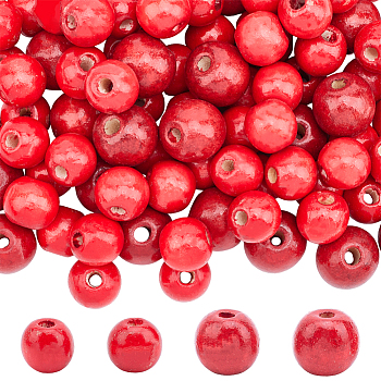 150Pcs 2 Styles Dyed Natural Wood Beads, Round, Lead Free, Red, 16~20x15~18mm, Hole: 4~4.5mm