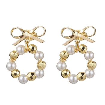 Ring & Bowknot Brass Dangle Stud Earrings, Shell Pearl Beaded Drop Earrings, Golden, 23x16mm