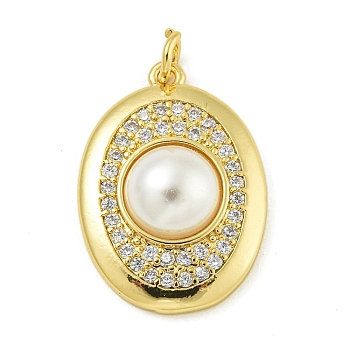 Rack Plating Brass Micro Pave Cubic Zirconia Pendants, with ABS Imitation Pearl, with Jump Ring, Long-Lasting Plated, Lead Free & Cadmium Free, Oval, Real 18K Gold Plated, 21.5x15x6mm, Hole: 3.5mm