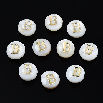 Natural Freshwater Shell Beads, with Golden Plated Brass Etched Metal Embellishments, Flat Round with Letter, Seashell Color, Letter.B, 6x4mm, Hole: 0.8mm
