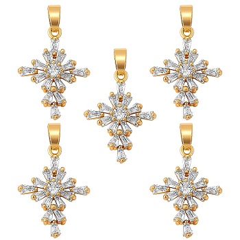5Pcs Brass Micro Pave clear Cubic Zirconia Pendants, Nickel free, Cross, Real 16K Gold Plated, 21x16x4mm, Hole: 2x5mm