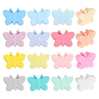 16Pcs 16 Colors Food Grade Eco-Friendly Silicone Beads, Chewing Beads For Teethers, DIY Nursing Necklaces Making, Butterfly, Mixed Color, 21x30x11mm, Hole: 2.2mm, 1pc/color