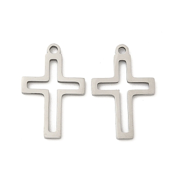 Hollow 201 Stainless Steel Laser Cut Pendants, Cross Charms, Stainless Steel Color, 18x12x1mm, Hole: 1.4mm