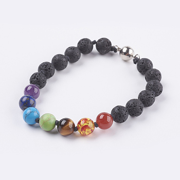 Chakra Jewelry, Natural & Synthetic Gemstone Bracelets, with Brass Magnetic Clasps, Lava Rock, 8-1/4 inch(210mm)